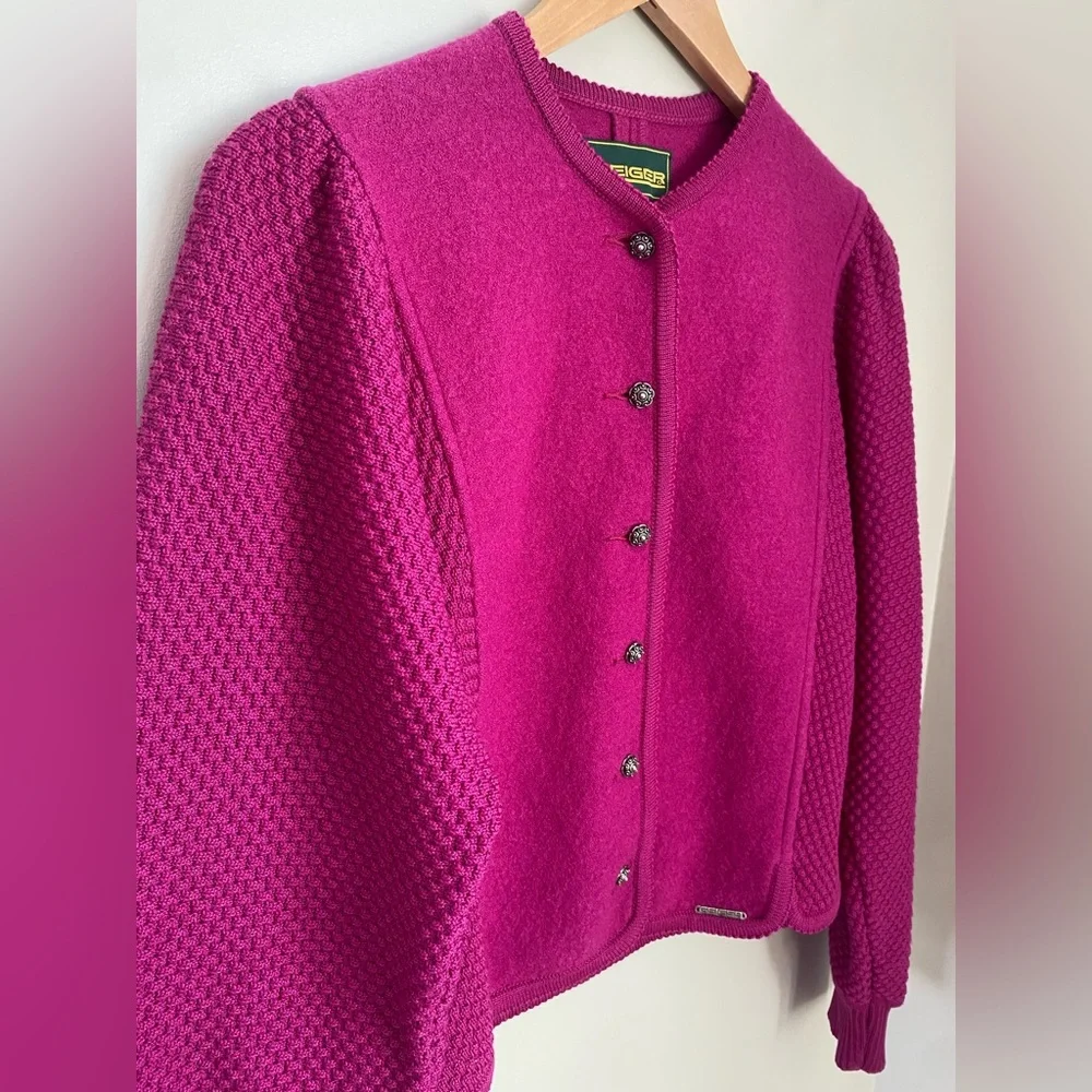 SOLD Vintage Geiger Wool Knit Cardigan Puffy Shoulder Alpine Folk Jacket M - Picture 3 of 13